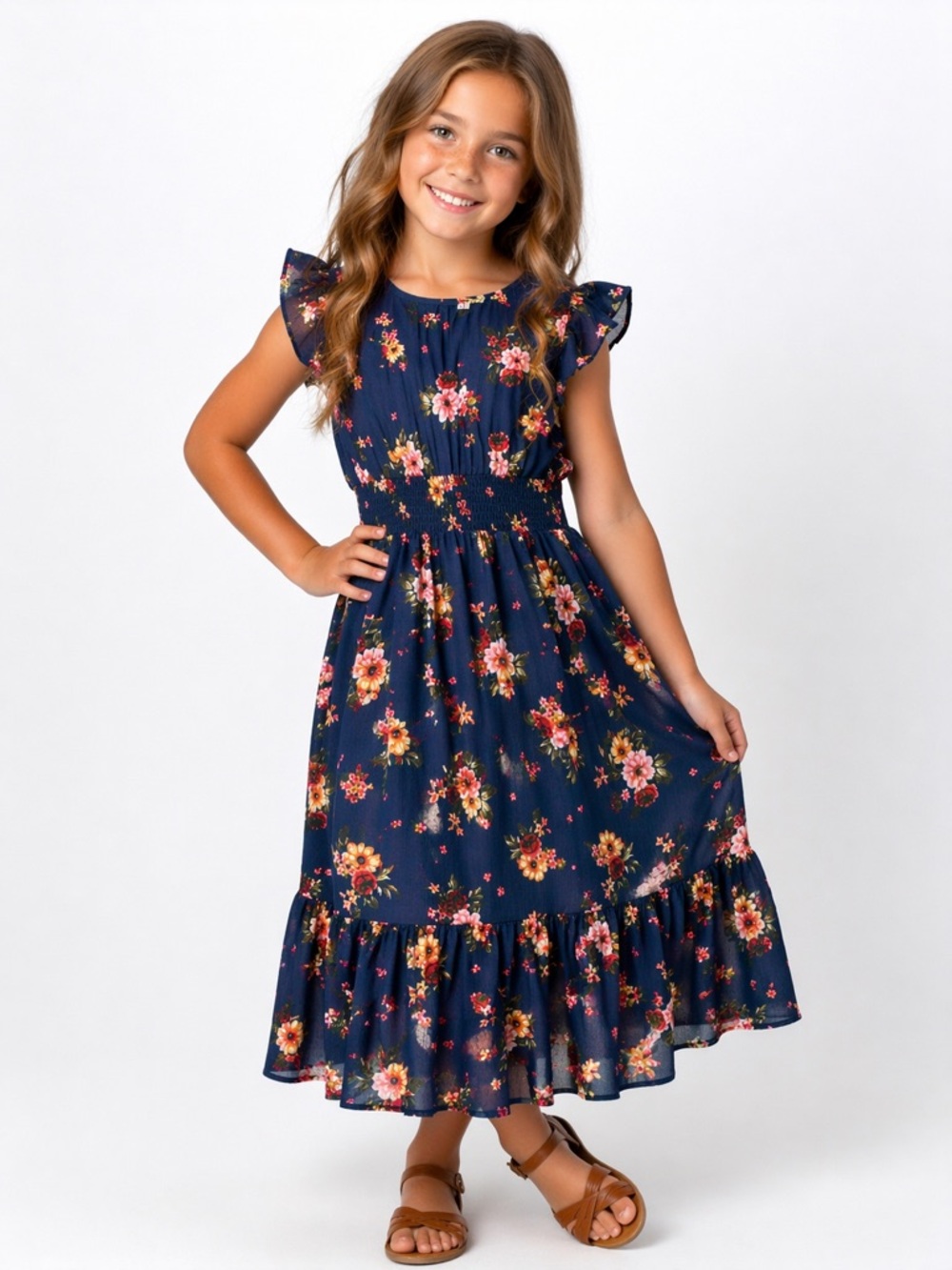 Chenault Girls Floral Dress Navy Blue Tiered Midi Size 10 Smocked Waist